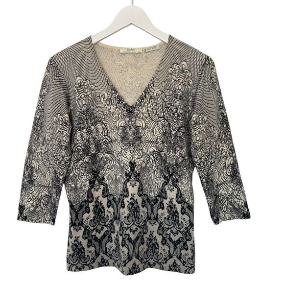 Neiman Marcus Cashmere Collection Luxury Pullover Sweater Lace Print V Neck Lrg. - Picture 1 of 13